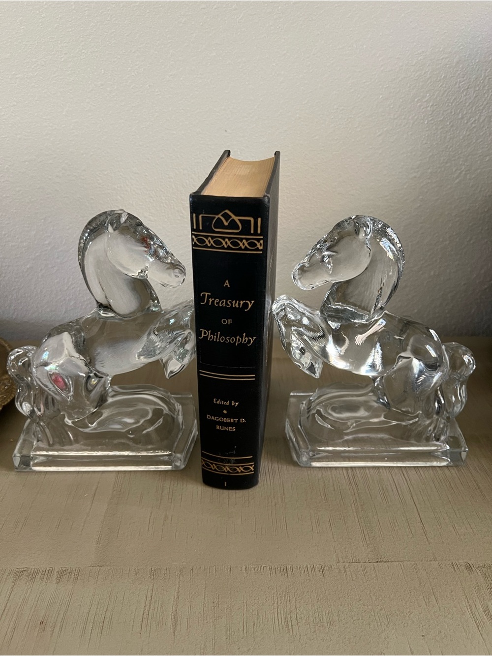 Vtg L.E.Smith Clear Glass Horse Bookends - Pair